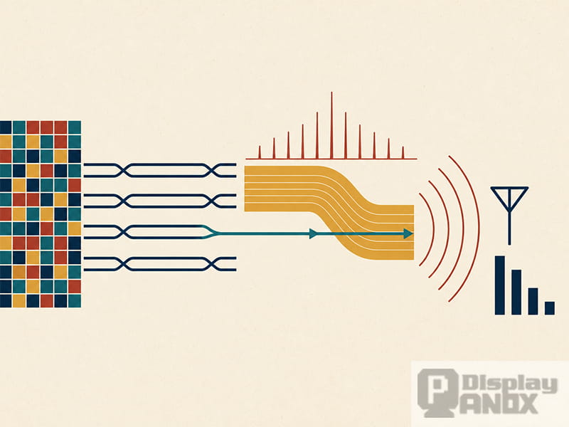 Illustration of MIPI display data becoming common-mode FPC radiation that couples into a cellular antenna and reduces reception.