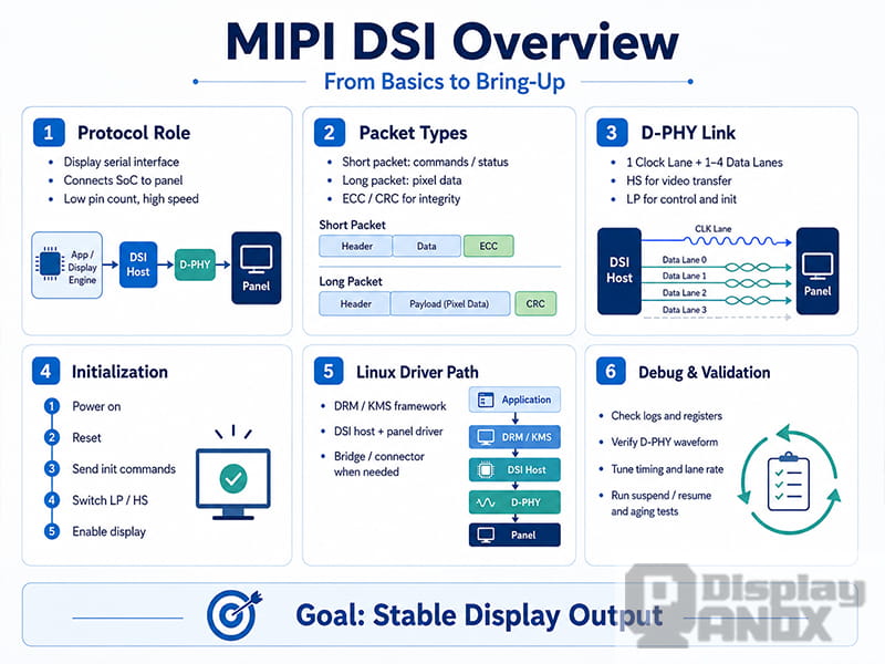 MIPI DSI overview infographic explaining protocol role, packet types, D-PHY link, initialization, Linux driver path, and debugging validation.