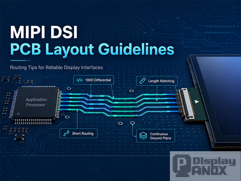 MIPI DSI PCB layout guidelines illustration showing differential signal routing between an application processor and display connector, with key points such as 100Ω impedance, length matching, short routing, and continuous ground plane.