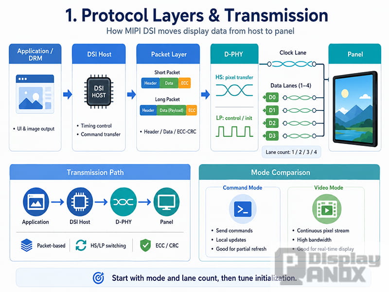 MIPI DSI protocol layers and transmission path showing Application DRM, DSI Host, Packet Layer, D-PHY lanes, and panel output.