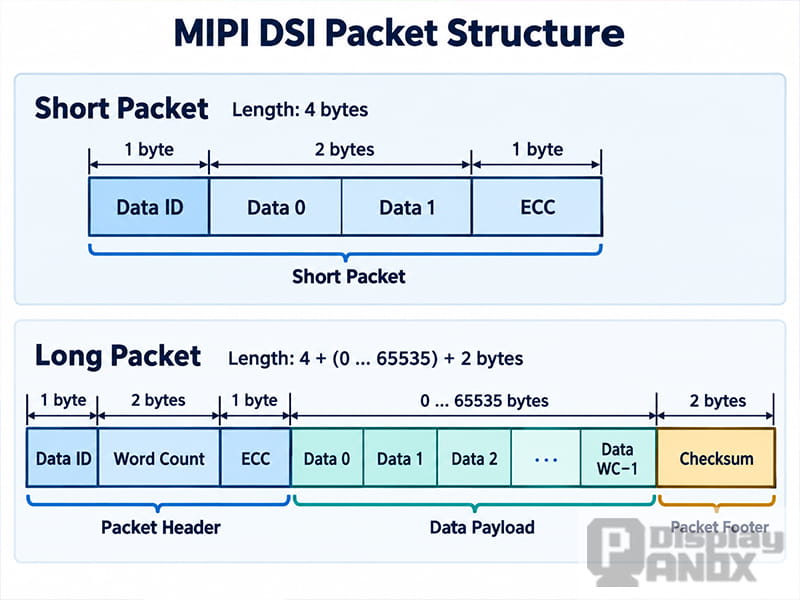 MIPI DSI short packet and long packet format with header payload ECC and CRC