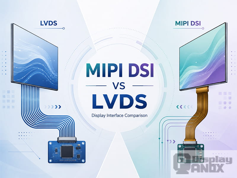 MIPI DSI vs LVDS display interface comparison showing LVDS cable transmission and MIPI DSI flex cable connection for display panels.