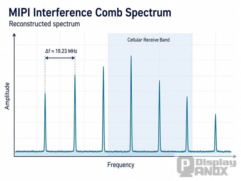 Reconstructed MIPI interference comb spectrum with 19.23 MHz peak spacing overlapping a cellular receive band.