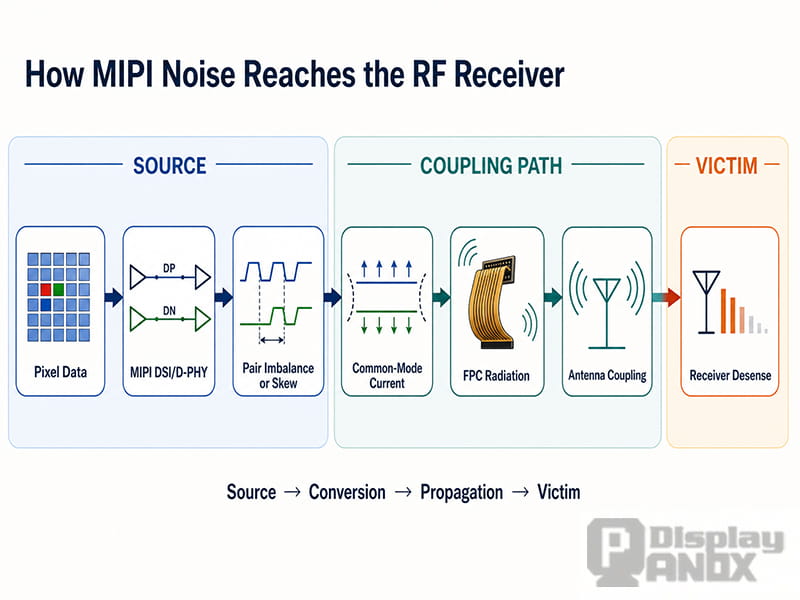 MIPI noise path showing pixel data, pair imbalance, common-mode current, FPC radiation, antenna coupling and receiver desense.