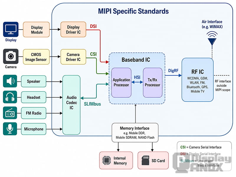 MIPI specific standards system architecture showing DSI, CSI, SLIMbus, baseband IC, RF IC, memory interface, and peripheral connections.