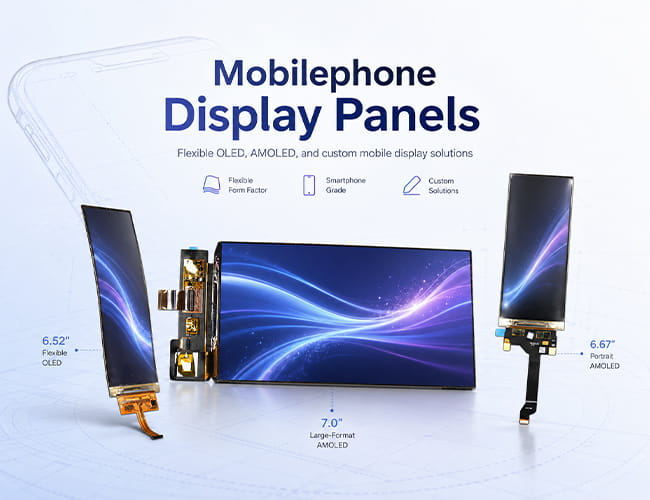 Mobilephone display panels showcase featuring 6.52 inch flexible OLED, 6.67 inch AMOLED, and 7 inch AMOLED display