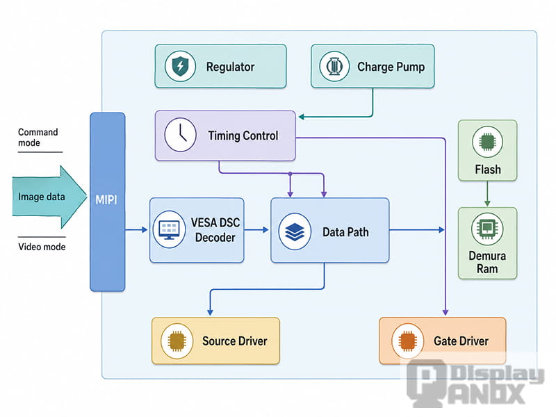 OLED DDIC architecture showing MIPI input, DSC decoding, timing control, data path, Demura memory, and source and gate drivers.