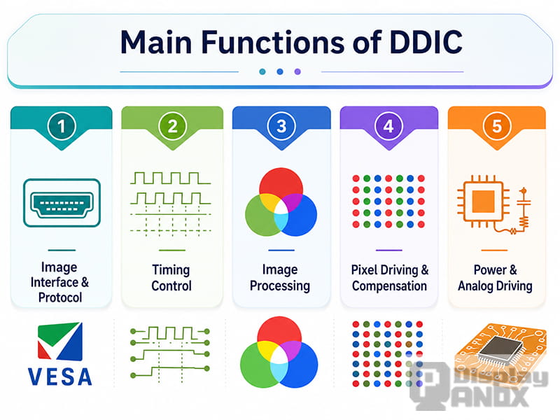 Five core functions of an OLED display driver IC, including interface, timing, image processing, pixel compensation, and analog driving.