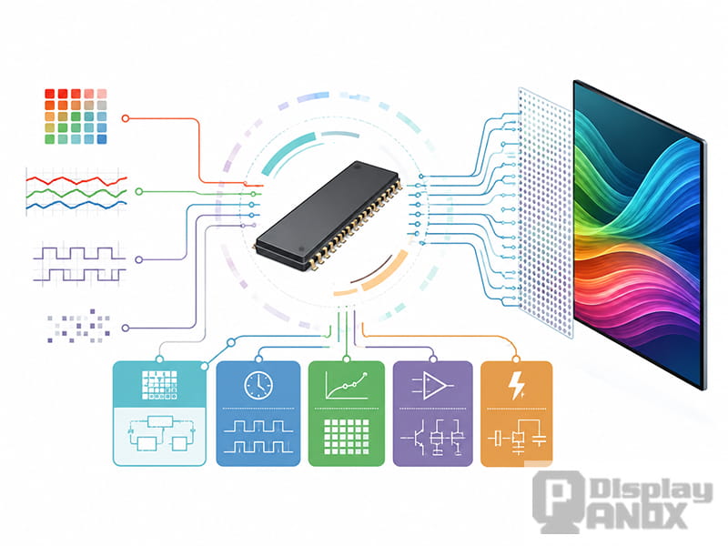 OLED display driver IC connecting image data, timing control, pixel compensation, analog driving, and an OLED panel.