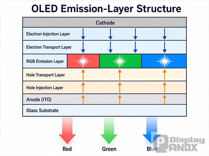 OLED layer structure highlighting the blue emission layer
