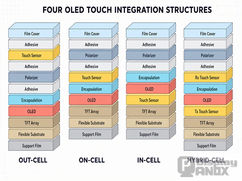 Out-Cell vs On-Cell vs In-Cell vs Hybrid-Cell OLED touch structure