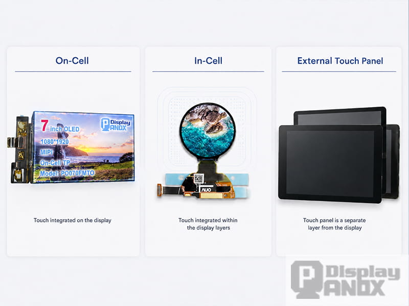 On-Cell, In-Cell, and external touch panel comparison with display module examples.
