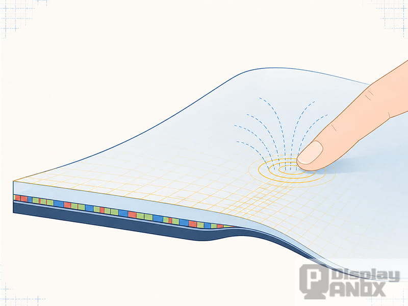 Illustration of a finger touching a flexible On-Cell OLED display with an integrated capacitive touch sensor.