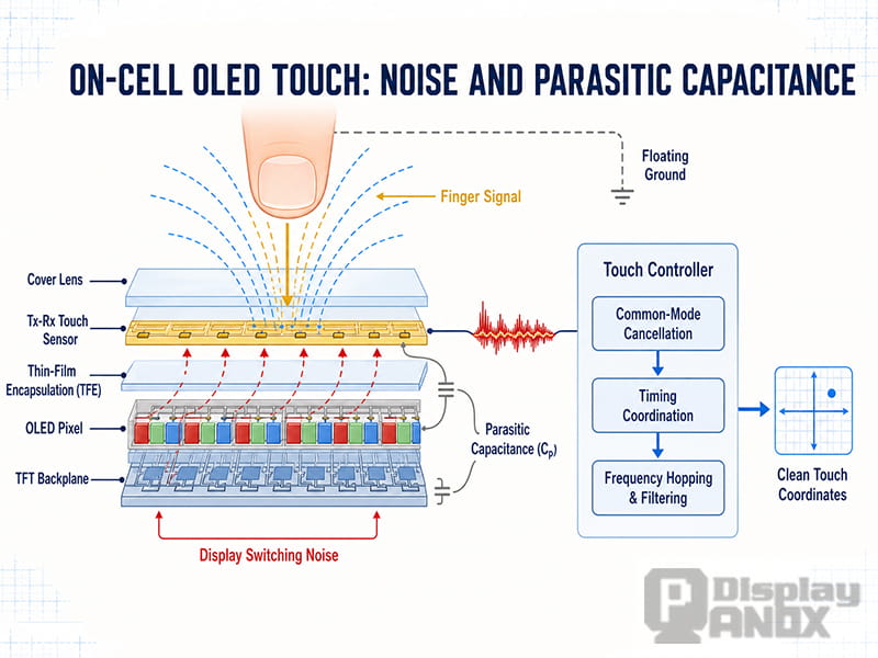 On-Cell OLED touch display noise and parasitic capacitance