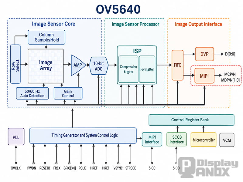 OV5640 camera sensor architecture diagram showing image sensor core, image signal processor, FIFO, DVP output, and MIPI output interface.
