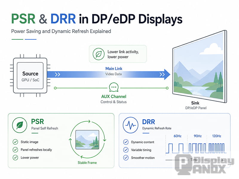 PSR and DRR in DP/eDP displays, showing the Source GPU, Sink display panel, Main Link, AUX Channel, Panel Self Refresh and Dynamic Refresh Rate concepts.
