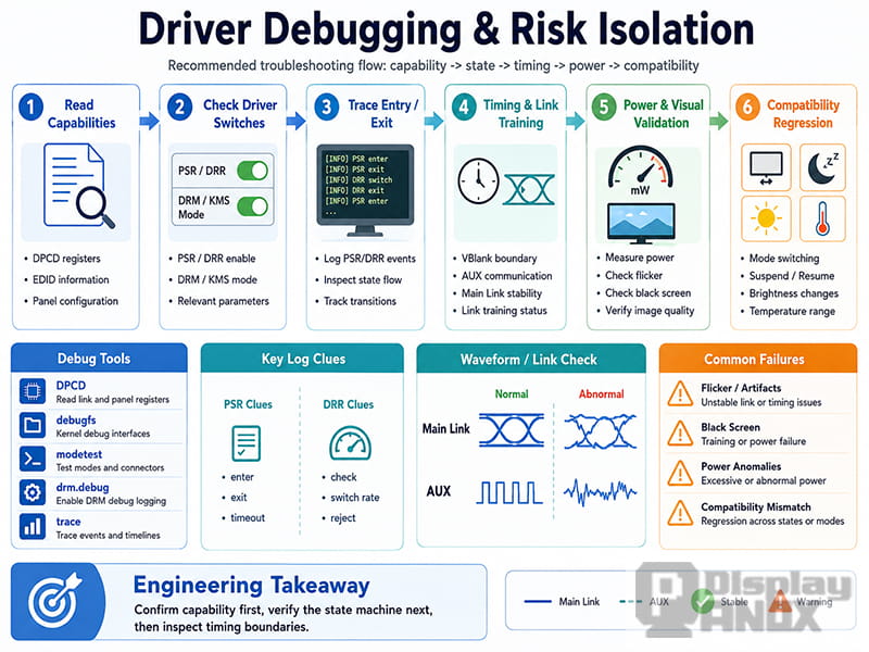 Driver debugging and risk isolation flow for PSR and DRR, including capability reading, driver switches, entry and exit tracing, timing checks, power validation and compatibility regression.