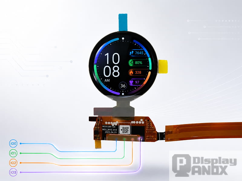 1.39-inch round OLED display module with colorful interface graphics and four serial data lines for compact display control.