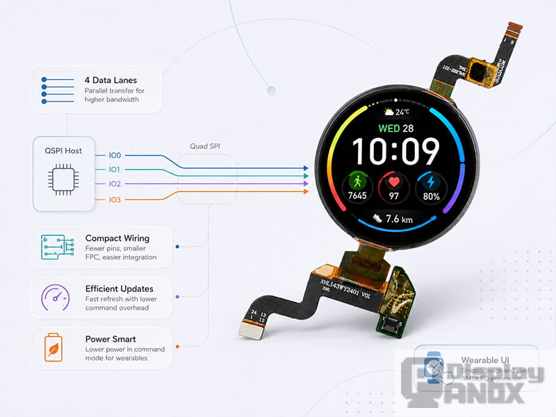 1.43-inch round AMOLED display module diagram showing QSPI host connection, four data lanes, compact wiring, efficient updates, and power-smart wearable UI.