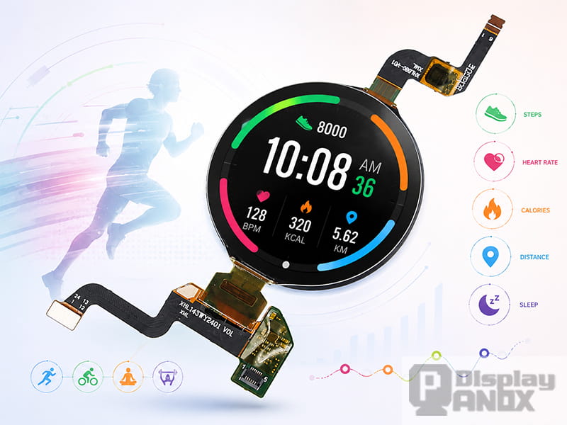 1.43-inch round AMOLED display module for smartwatch and fitness tracker applications, showing steps, heart rate, calories, distance, and sleep data.
