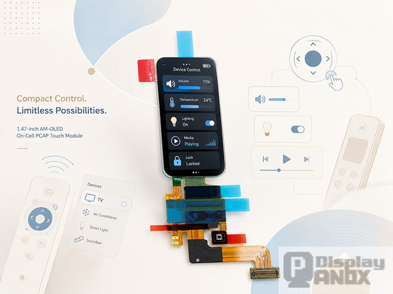 1.47-inch AMOLED touch display module for compact handheld devices and remote controls, showing device control, media, lighting, and lock status UI.