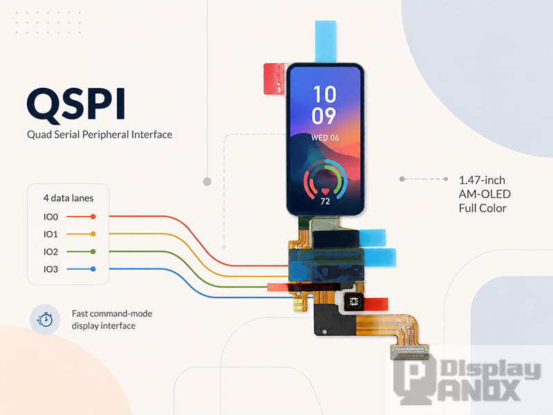 1.47-inch AMOLED display module illustration showing four QSPI data lanes and fast command-mode display interface.