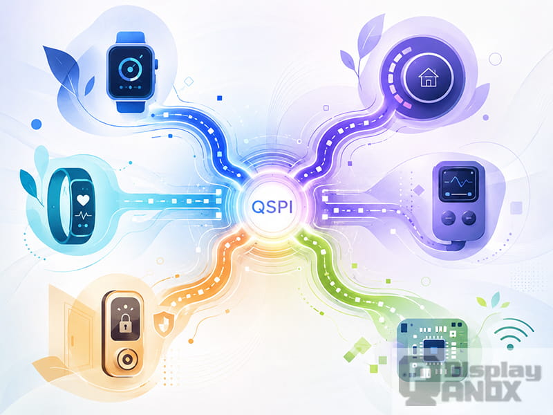 Abstract QSPI display panel application illustration showing connections to smartwatch, fitness tracker, smart home control, security lock, handheld device, and IoT electronics.
