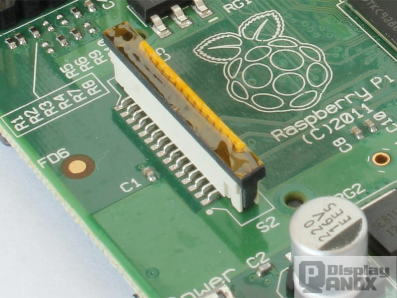 Close-up of a MIPI DSI display connector on a Raspberry Pi single-board computer.