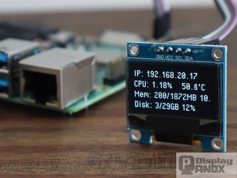 Raspberry Pi OLED system monitor displaying IP address CPU usage memory and disk information