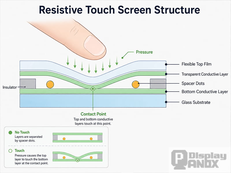 Resistive touch screen structure showing flexible top film, conductive layers, spacer dots, and pressure-based touch detection