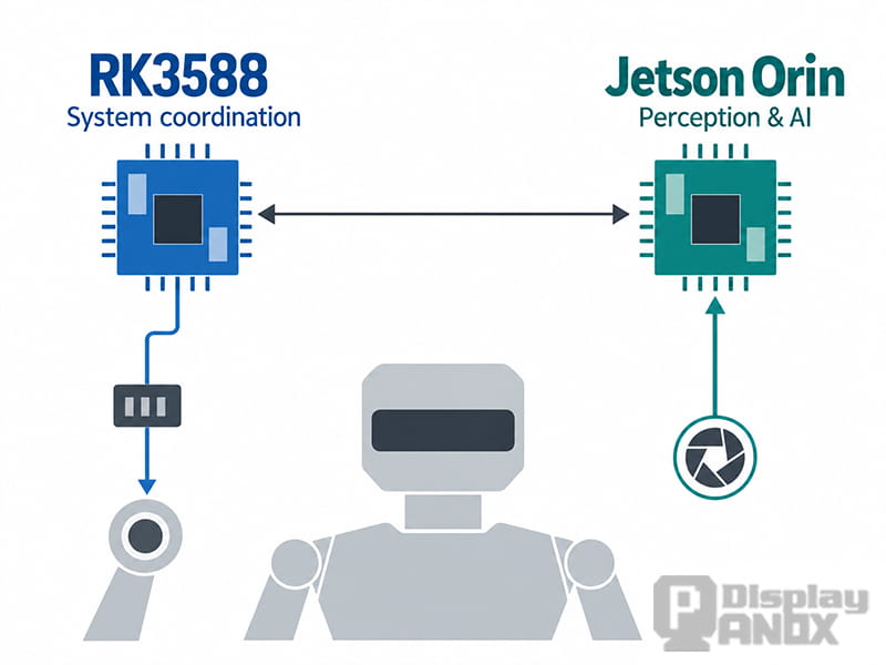 Diagram showing RK3588 coordinating a robot’s control system and Jetson Orin processing camera data for perception and AI.