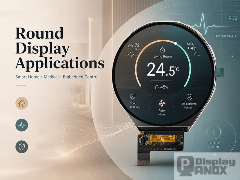 Round display applications hero image showing a circular LCD module for smart home, medical monitoring and embedded control systems.