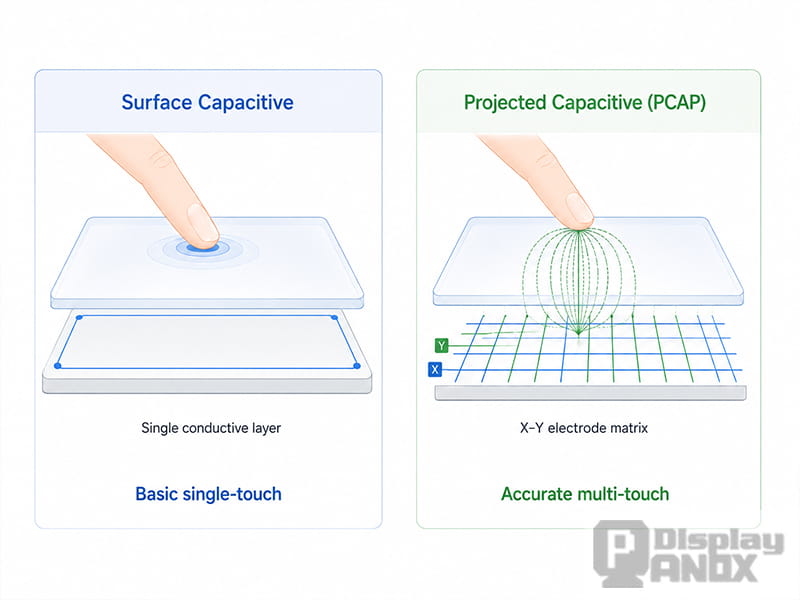 Comparison between surface capacitive and projected capacitive touch screens showing different electrode structures and touch detection methods