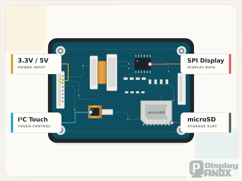 Simplified TFT display module showing SPI display data, I²C touch control, 3.3V/5V power input, and a microSD slot.