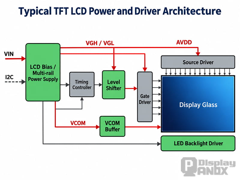 Block diagram of a TFT LCD power and driver architecture showing the LCD bias supply, VGH/VGL, AVDD, VCOM buffer, gate driver, source driver, and backlight driver.