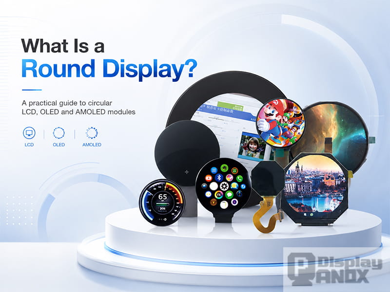 Round display product lineup showing circular LCD, OLED, AMOLED and Memory LCD modules for wearables, smart home and embedded devices.