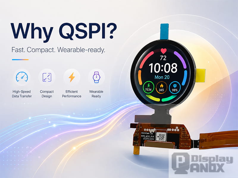 Round OLED display module hero image explaining why QSPI is fast, compact, efficient, and suitable for wearable display applications.