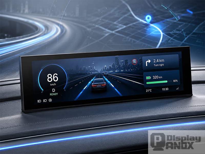 Wide strip automotive dashboard display with driving information and navigation interface