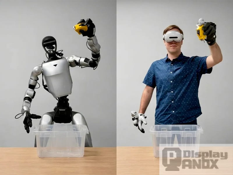 XR teleoperation demo showing a humanoid robot and a human operator using a VR headset to control robotic movement.
